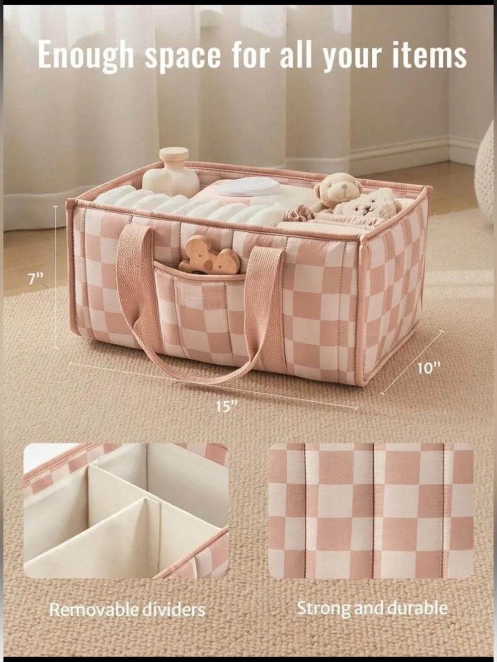 Pink Checkered Fabric Storage Bin Tote with Handles